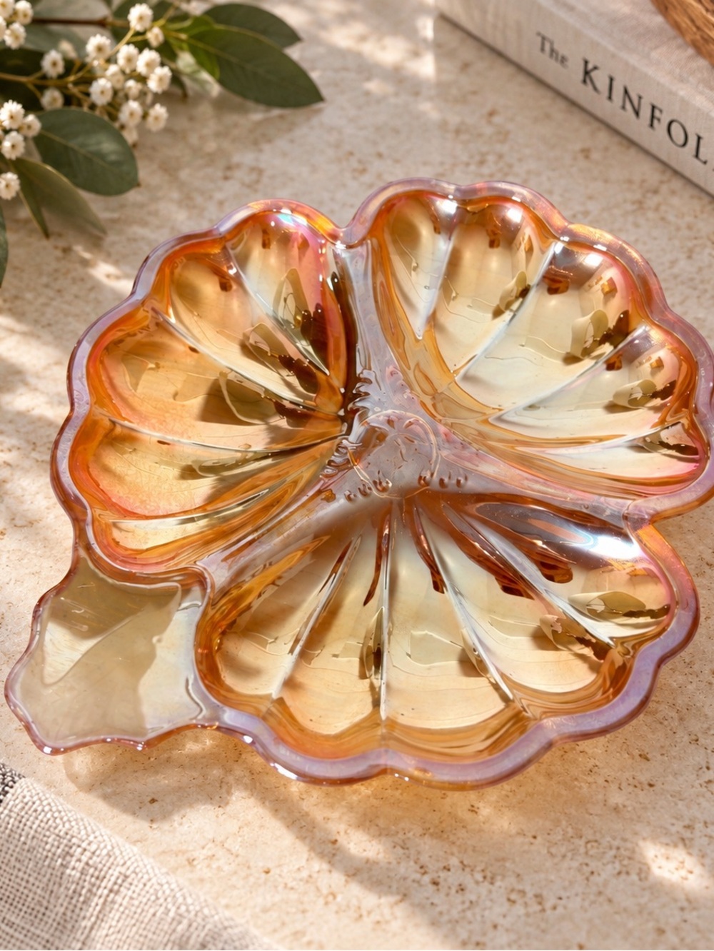 Marigold carnival glass three-leaf clover candy dish